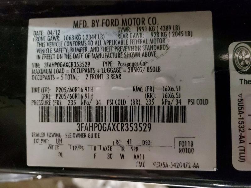 2012 Ford Fusion მანქანა იყიდება აუქციონზე, vin: 3FAHP0GAXCR353529, აუქციონის ნომერი: 99983435