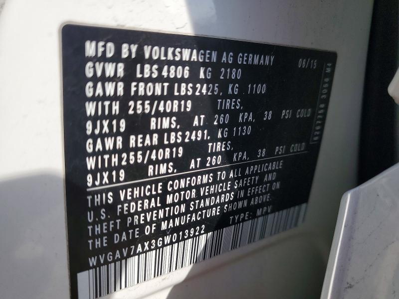 72635455 :رقم المزاد ، WVGAV7AX3GW013922 vin ، 2016 Volkswagen Tiguan مزاد بيع