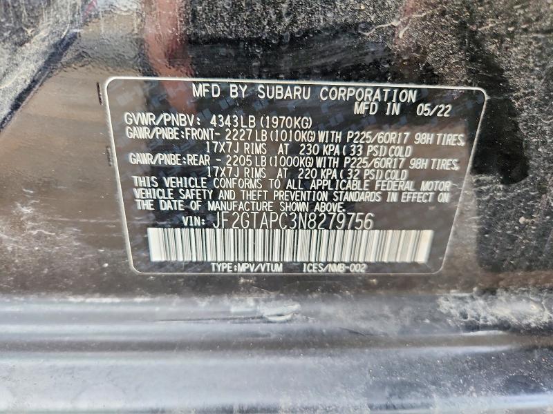 Aukcja sprzedaży 2022 Subaru Crosstrek, vin: JF2GTAPC3N8279756, numer aukcji: 92620465