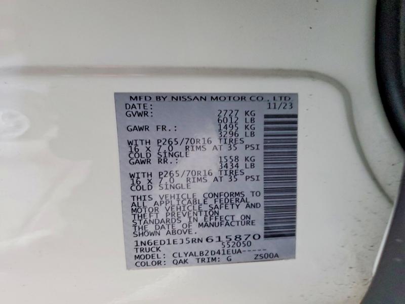 2024 Nissan Frontier მანქანა იყიდება აუქციონზე, vin: 1N6ED1EJ5RN615870, აუქციონის ნომერი: 72647195