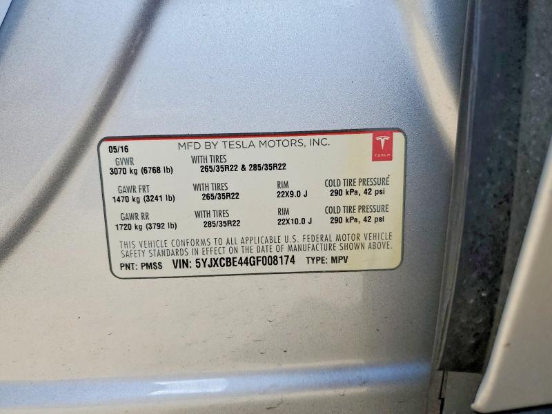 96108645 :رقم المزاد ، 5YJXCBE44GF008174 vin ، 2016 Tesla Model X مزاد بيع
