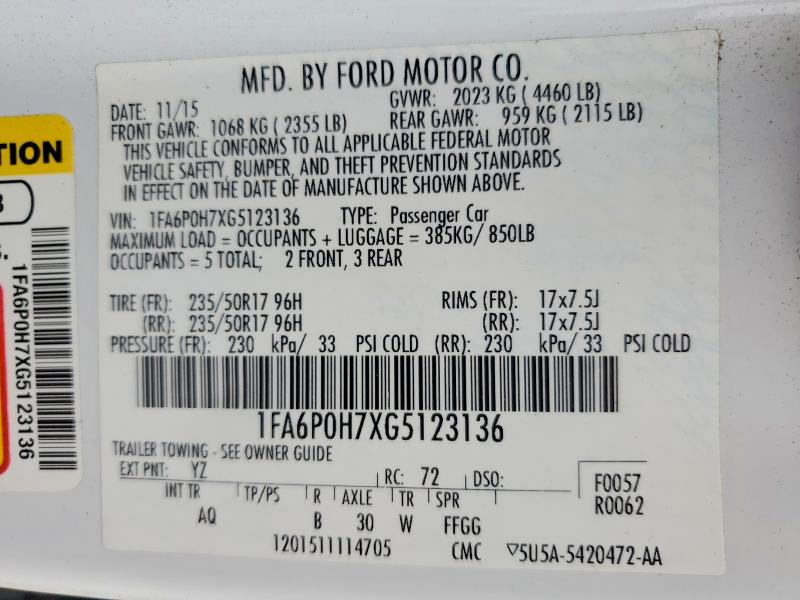 2016 Ford Fusion მანქანა იყიდება აუქციონზე, vin: 1FA6P0H7XG5123136, აუქციონის ნომერი: 74497805
