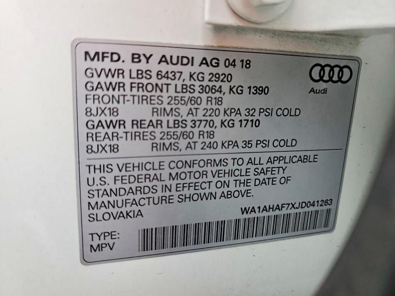 73969295 :رقم المزاد ، WA1AHAF7XJD041263 vin ، 2018 Audi Q7 مزاد بيع