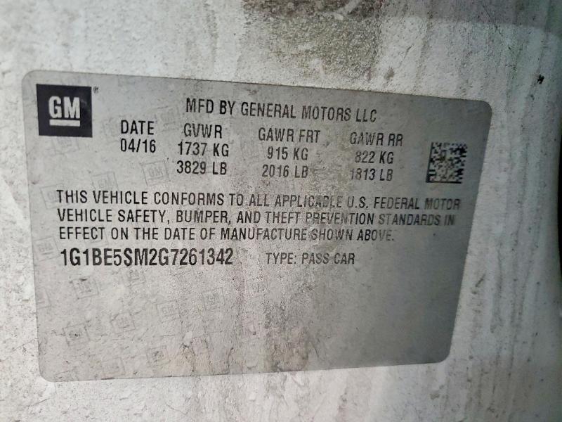 98888895 :رقم المزاد ، 1G1BE5SM2G7261342 vin ، 2016 Chevrolet Cruze مزاد بيع