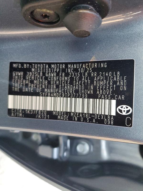 2026 Toyota Corolla მანქანა იყიდება აუქციონზე, vin: 5YFB4MDE9TP377799, აუქციონის ნომერი: 73988045
