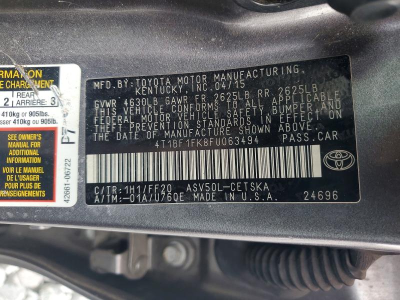 72748835 :رقم المزاد ، 4T1BF1FK8FU063494 vin ، 2015 Toyota Camry مزاد بيع