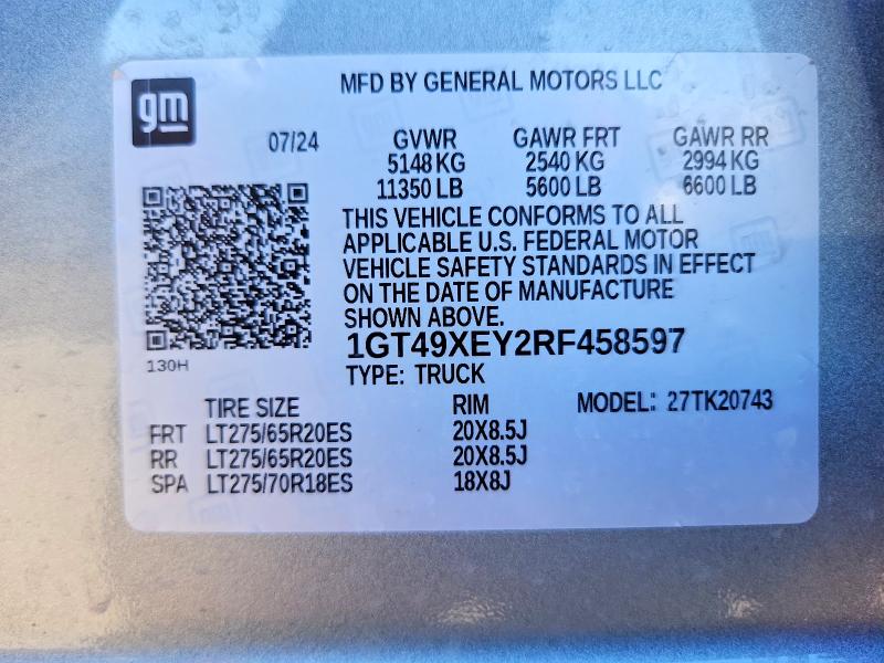 2024 Gmc Sierra მანქანა იყიდება აუქციონზე, vin: 1GT49XEY2RF458597, აუქციონის ნომერი: 98922825