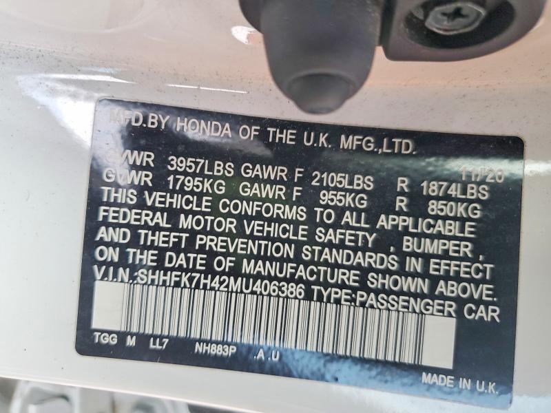 73873965 :رقم المزاد ، SHHFK7H42MU406386 vin ، 2021 Honda Civic مزاد بيع