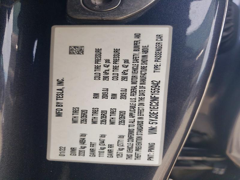 2022 Tesla Model 3 მანქანა იყიდება აუქციონზე, vin: 5YJ3E1EC2NF155942, აუქციონის ნომერი: 74457265