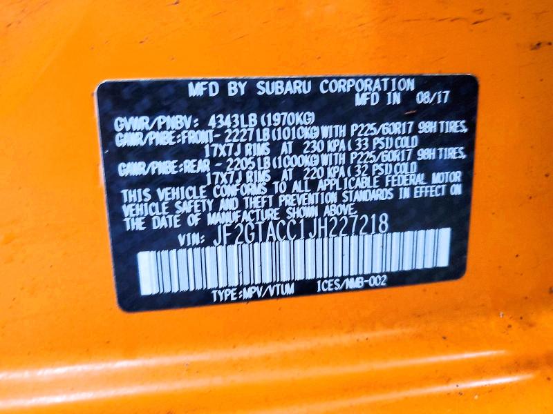 Aukcja sprzedaży 2018 Subaru Crosstrek, vin: JF2GTACC1JH227218, numer aukcji: 99593775
