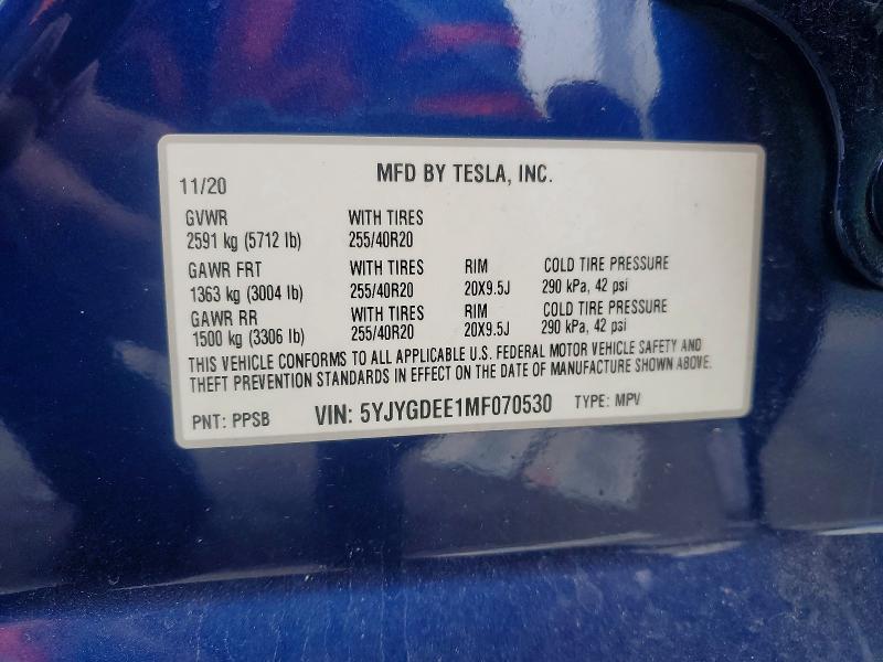 98914265 :رقم المزاد ، 5YJYGDEE1MF070530 vin ، 2021 Tesla Model Y مزاد بيع
