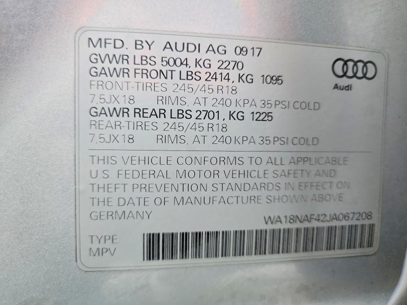 Aukcja sprzedaży 2018 Audi A4 Allroad, vin: WA18NAF42JA067208, numer aukcji: 74028015