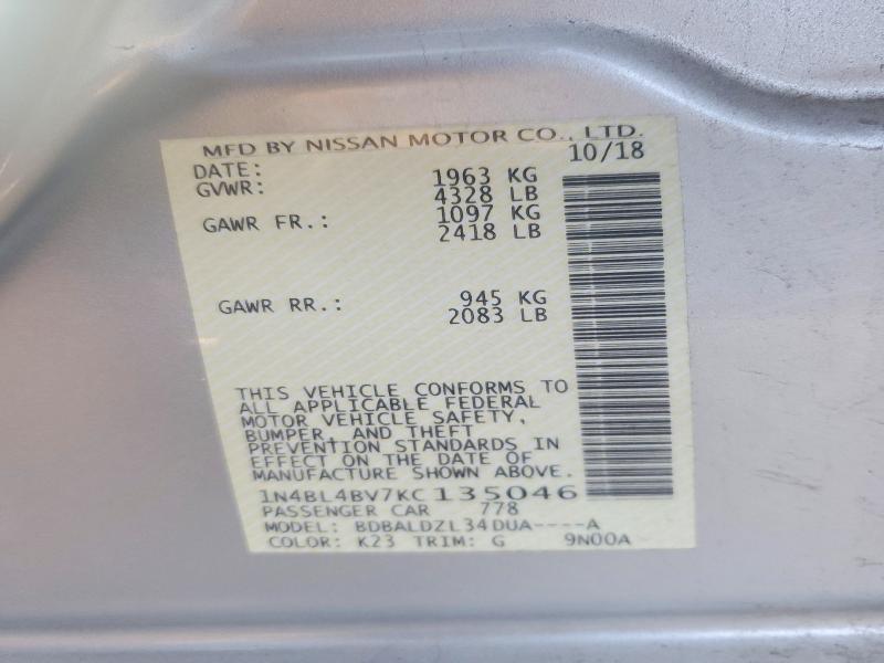 72440175 :رقم المزاد ، 1N4BL4BV7KC135046 vin ، 2019 Nissan Altima مزاد بيع