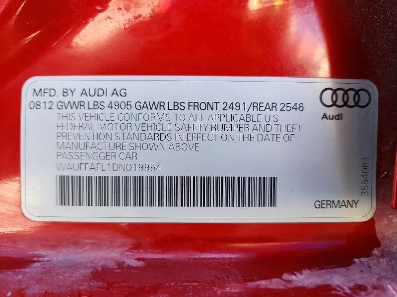 97508665 :رقم المزاد ، WAUFFAFL1DN019954 vin ، 2013 Audi A4 2.0t مزاد بيع