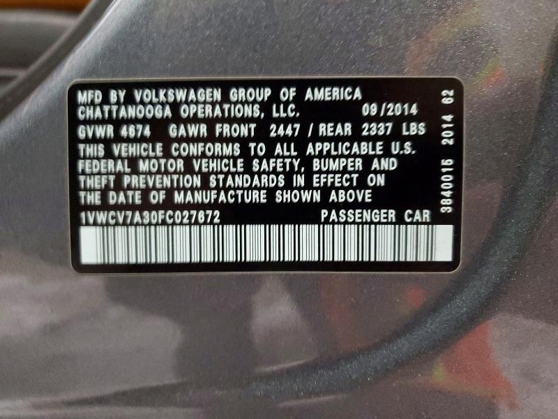 2015 Volkswagen Passat მანქანა იყიდება აუქციონზე, vin: 1VWCV7A30FC027672, აუქციონის ნომერი: 74739505