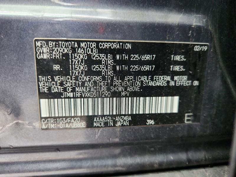 Aukcja sprzedaży 2019 Toyota Rav4, vin: JTMW1RFVXKD511290, numer aukcji: 98312495