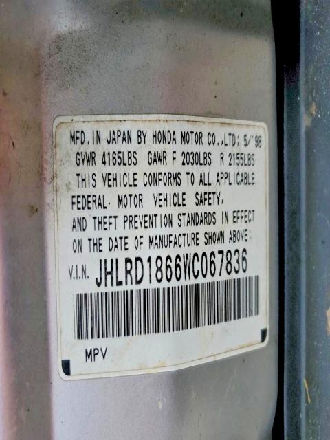 Продажа на аукционе авто 1998 Honda Cr-v, vin: JHLRD1866WC067836, номер лота: 99850395