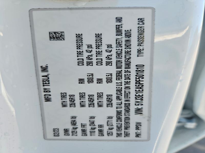 2023 Tesla Model 3 მანქანა იყიდება აუქციონზე, vin: 5YJ3E1EA5PF501810, აუქციონის ნომერი: 98849055
