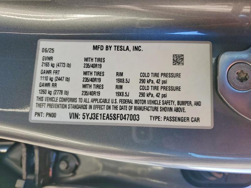 Продаж на аукціоні авто 2025 Tesla Model 3, vin: 5YJ3E1EA5SF047003, номер лоту: 73897145
