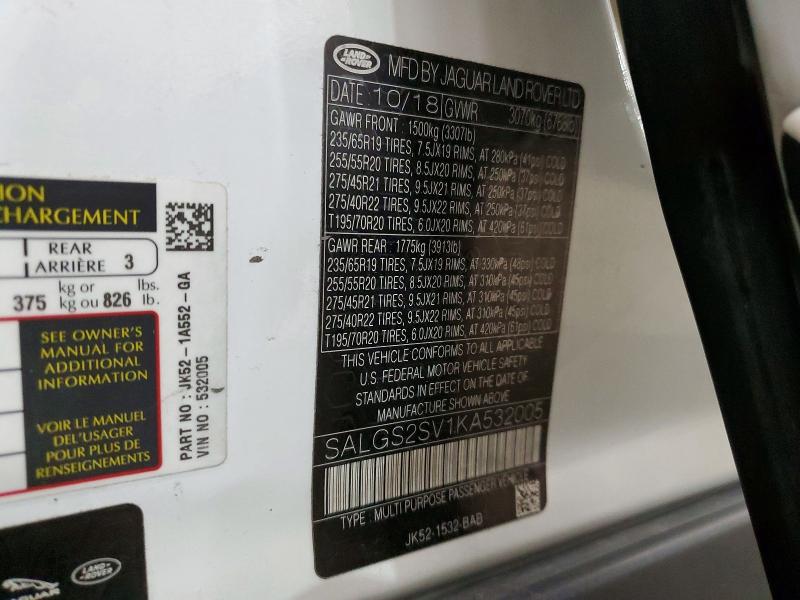Продажа на аукционе авто 2019 Land Rover Range Rove, vin: SALGS2SV1KA532005, номер лота: 73887985