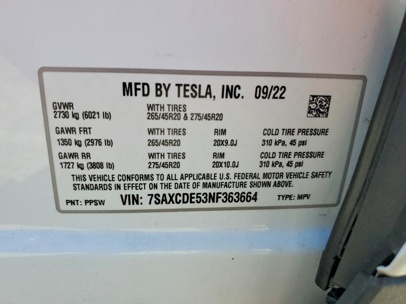 Продажа на аукционе авто 2022 Tesla Model X, vin: 7SAXCDE53NF363664, номер лота: 93851045