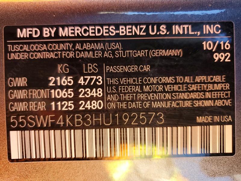 Aukcja sprzedaży 2017 Mercedes-benz C, vin: 55SWF4KB3HU192573, numer aukcji: 74032915