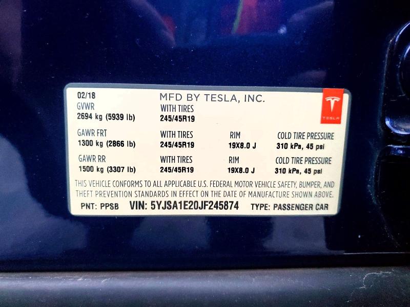 98663915 :رقم المزاد ، 5YJSA1E20JF245874 vin ، 2018 Tesla Model S مزاد بيع