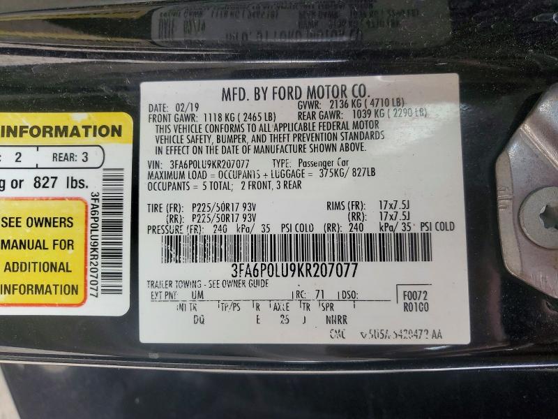75453155 :رقم المزاد ، 3FA6P0LU9KR207077 vin ، 2019 Ford Fusion Se مزاد بيع