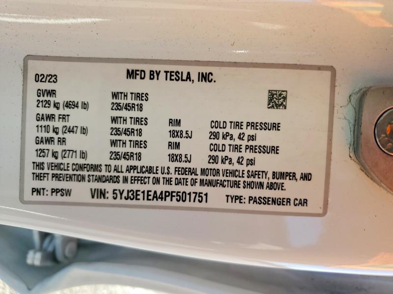 97969005 :رقم المزاد ، 5YJ3E1EA4PF501751 vin ، 2023 Tesla Model 3 مزاد بيع