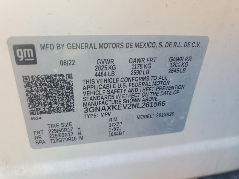 2022 Chevrolet Equinox მანქანა იყიდება აუქციონზე, vin: 3GNAXKEV2NL261566, აუქციონის ნომერი: 74770335