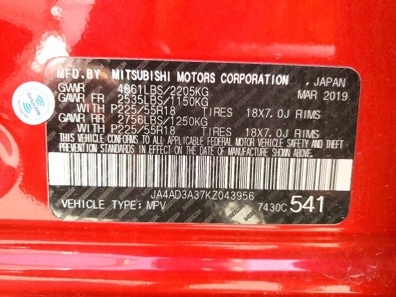75096815 :رقم المزاد ، JA4AD3A37KZ043956 vin ، 2019 Mitsubishi Outlander مزاد بيع