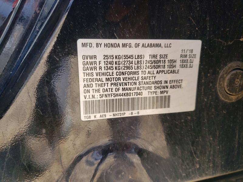 Aukcja sprzedaży 2019 Honda Pilot, vin: 5FNYF5H44KB017040, numer aukcji: 41650896