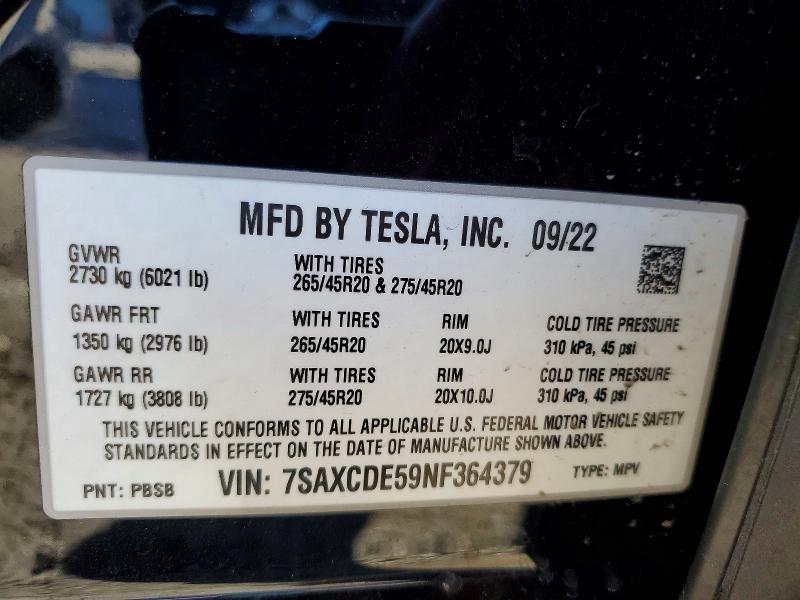 73633015 :رقم المزاد ، 7SAXCDE59NF364379 vin ، 2022 Tesla Model X مزاد بيع