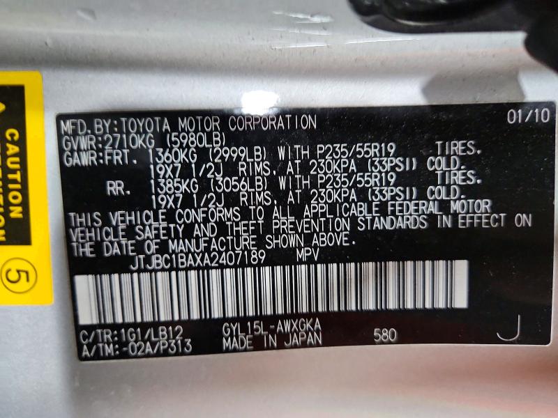 72781535 :رقم المزاد ، JTJBC1BAXA2407189 vin ، 2010 Lexus Rx مزاد بيع