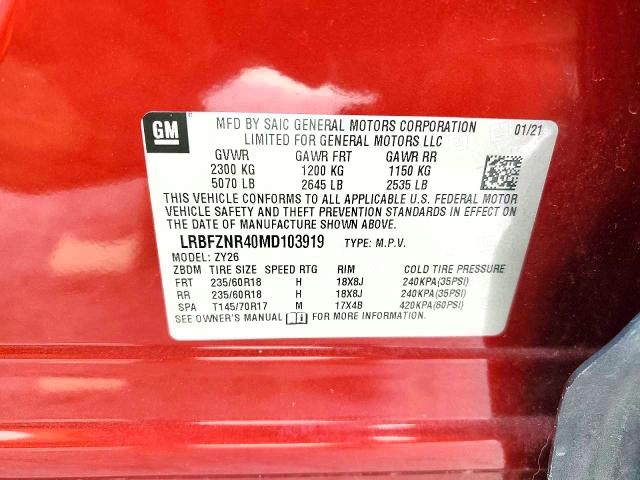 72278445 :رقم المزاد ، LRBFZNR40MD103919 vin ، 2021 Buick Envision E مزاد بيع