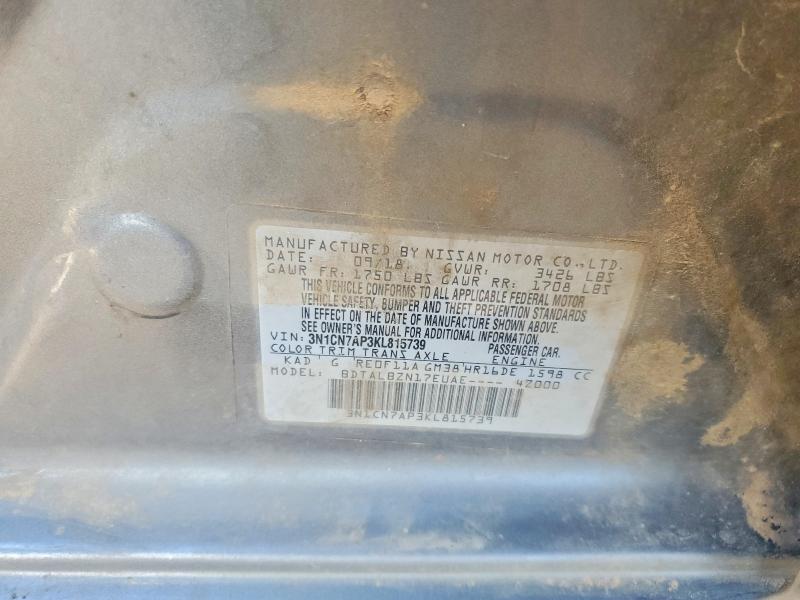 2019 Nissan Versa მანქანა იყიდება აუქციონზე, vin: 3N1CN7AP3KL815739, აუქციონის ნომერი: 98343005