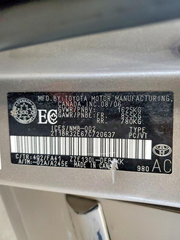 Продажа на аукционе авто 2007 Toyota Corolla Ce, vin: 2T1BR32E67C720637, номер лота: 99774735