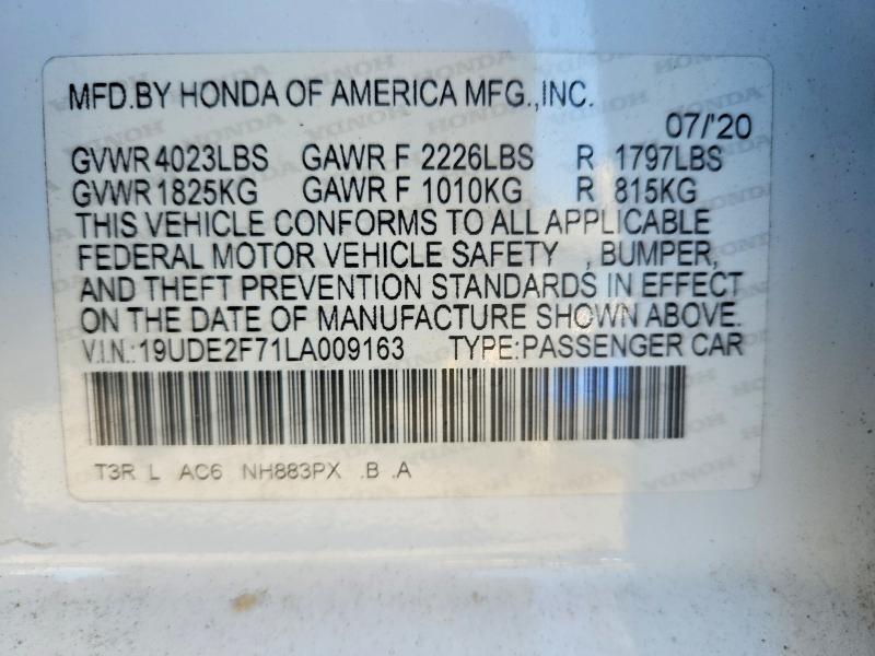 73475915 :رقم المزاد ، 19UDE2F71LA009163 vin ، 2020 Acura Ilx مزاد بيع