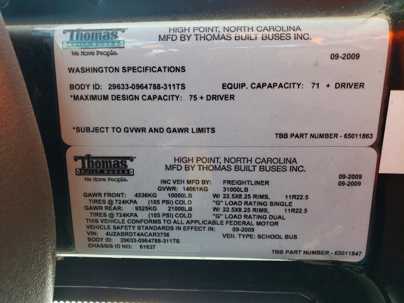 Продаж на аукціоні авто 2010 Freightliner School Bus, vin: 4UZABRDT4ACAR3756, номер лоту: 72418975