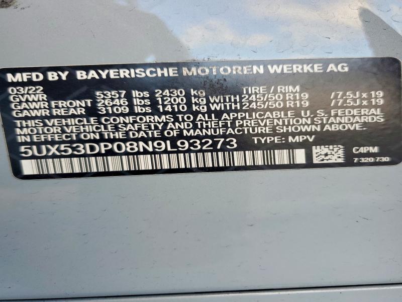 Aukcja sprzedaży 2022 Bmw X3, vin: 5UX53DP08N9L93273, numer aukcji: 96848525