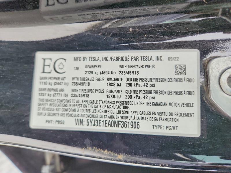 Продаж на аукціоні авто 2022 Tesla Model 3, vin: 5YJ3E1EA0NF361906, номер лоту: 98173055
