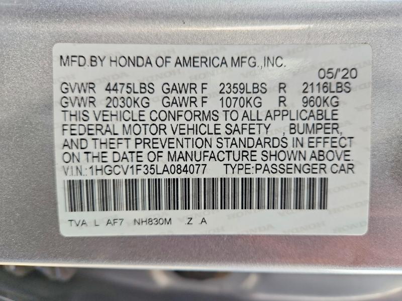 2020 Honda Accord მანქანა იყიდება აუქციონზე, vin: 1HGCV1F35LA084077, აუქციონის ნომერი: 72737645