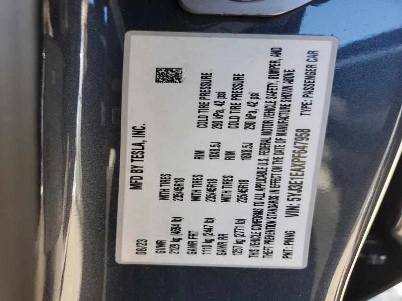 2023 Tesla Model 3 მანქანა იყიდება აუქციონზე, vin: 5YJ3E1EAXPF647958, აუქციონის ნომერი: 73333955
