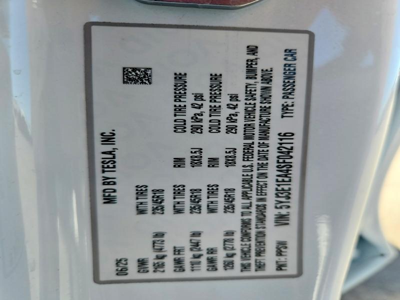 Продаж на аукціоні авто 2025 Tesla Model 3, vin: 5YJ3E1EA4SF042116, номер лоту: 72496055