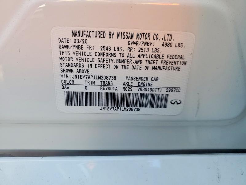 73317625 :رقم المزاد ، JN1EV7AP1LM208738 vin ، 2020 Infiniti Q50 مزاد بيع