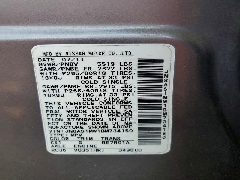 98824915 :رقم المزاد ، JN8AS1MW1BM734150 vin ، 2011 Infinity Fx35 مزاد بيع