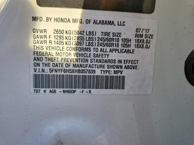 Aukcja sprzedaży 2017 Honda Pilot, vin: 5FNYF6H5XHB057839, numer aukcji: 72403205