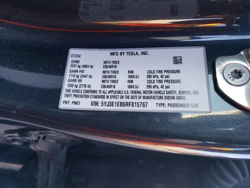 Aukcja sprzedaży 2024 Tesla Model 3, vin: 5YJ3E1EB6RF815767, numer aukcji: 97383895