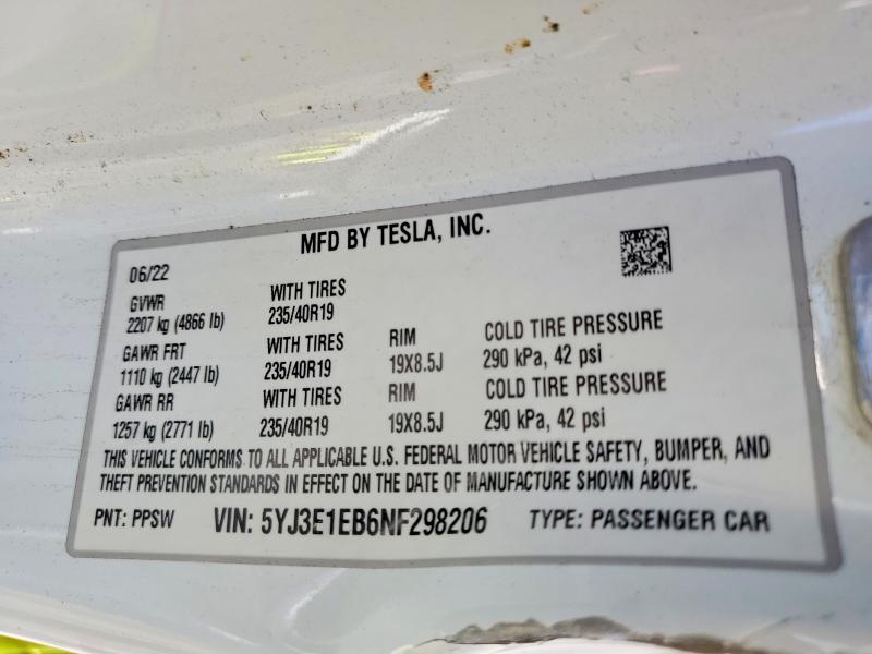 2022 Tesla Model 3 მანქანა იყიდება აუქციონზე, vin: 5YJ3E1EB6NF298206, აუქციონის ნომერი: 99281875