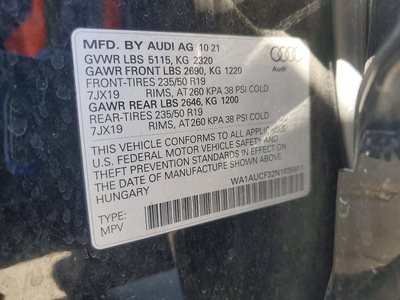 75483905 :رقم المزاد ، WA1AUCF32N1035811 vin ، 2022 Audi Q3 مزاد بيع